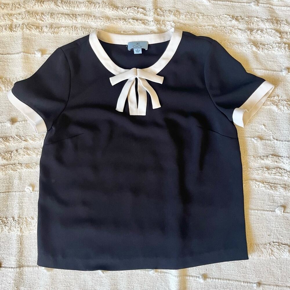 CeCe Black and White Bow School Girl Blouse small - Picture 2 of 8